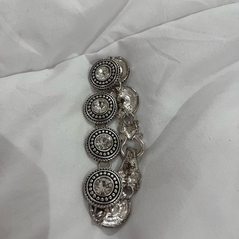 Silver-Tone Crystal Disc Link Bracelet - Unbranded
